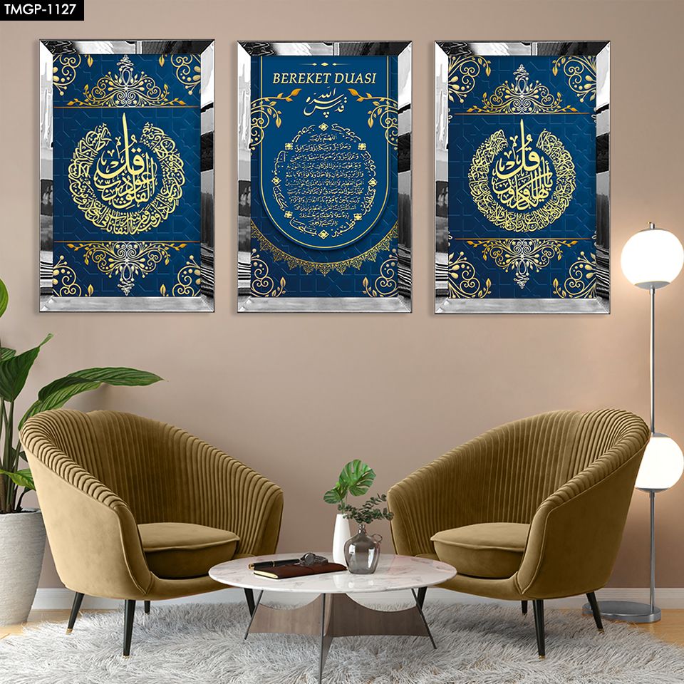 3'lü Gold Pleksi Kenar Kolaj Çizim Tablo Pleksi Dini Tablolar